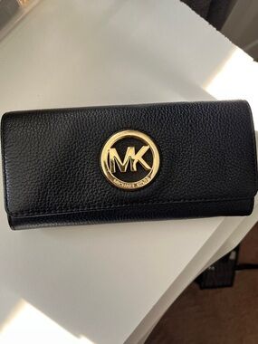 Michael Kors Black Pebbled Leather Continental Wallet with Gold MK Emblem